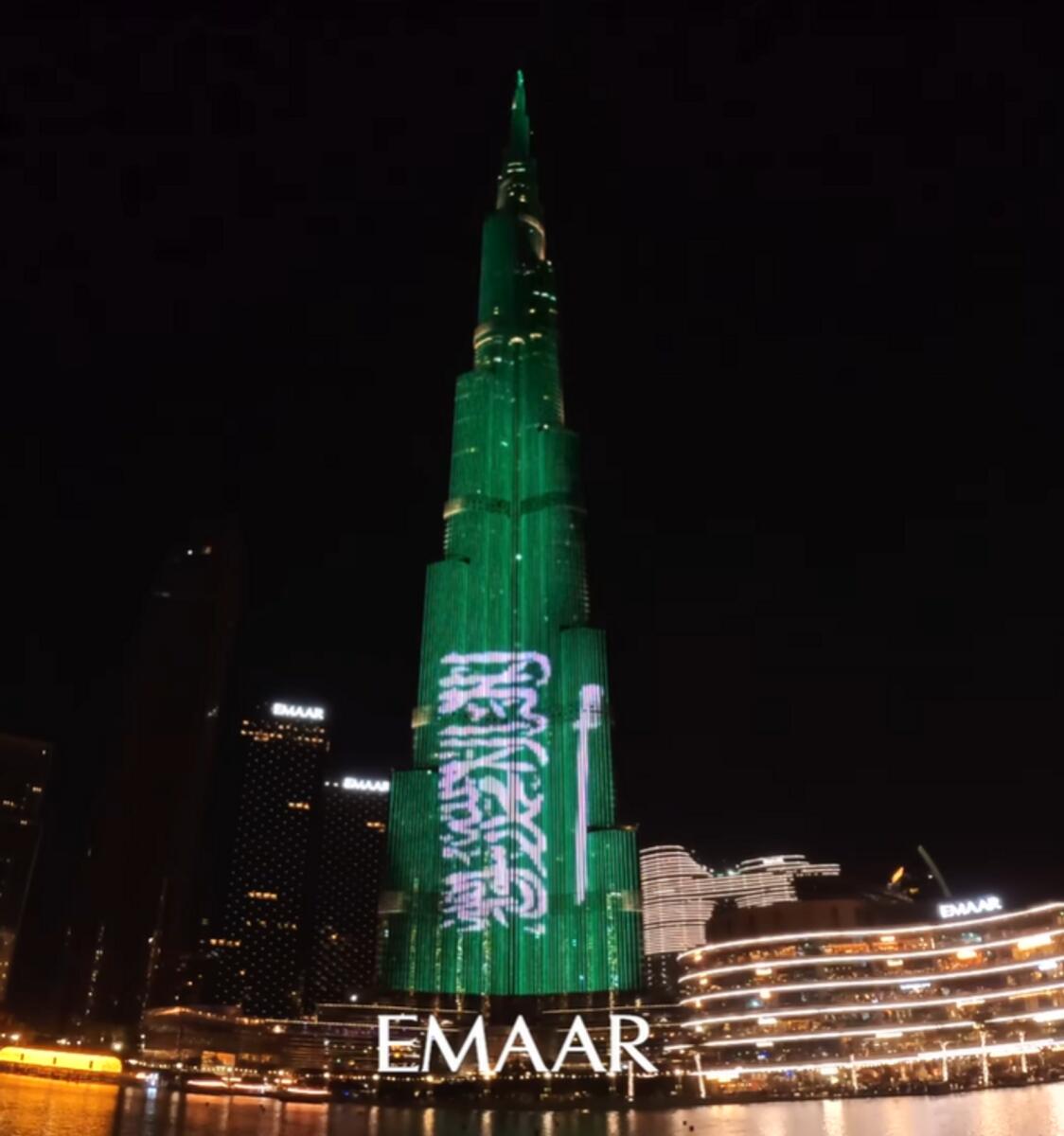 Burj Khalifa Illuminates in Green to Commemorate Saudi Arabia’s 93rd National Day